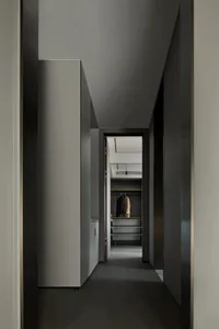 A minimalist closet interior with metallic finishes, featuring a sleek, contemporary design.