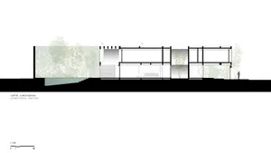 A longitudinal cross-section of a house plan showing the layout of rooms and spaces.