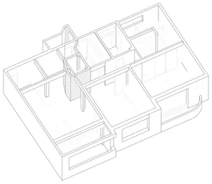 An isometric view of a minimalist residential floor plan showing open living spaces and efficient use of space.