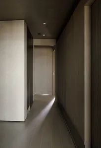A modern corridor featuring wooden flooring and minimalist design elements.
