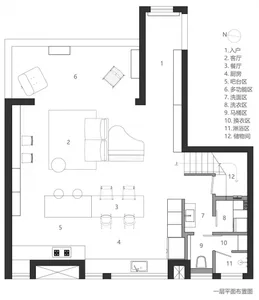 Floor plan layout of a residential apartment showing rooms and furniture placements.