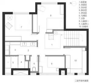 Floor plan of a modern family house, showing second floor layout with bedrooms, bathrooms, and living areas.