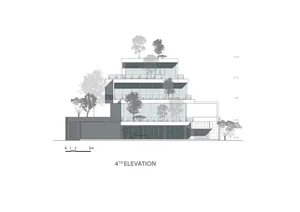 A modern building elevation featuring glass material and four floors.
