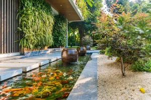A modern garden with a water feature, including colorful fish in a pond surrounded by plants and trees.