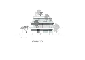Modern house exterior with glass roof, white walls, and tall trees