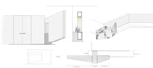 Floor-plan of an architecturally designed interior with wooden materials.