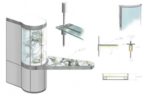 Design sketch of a modern interior furniture item with a glass component.