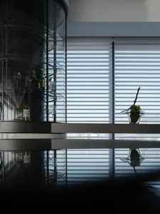 Modern kitchen interior featuring a glass shelving unit with a variety of bottles and a vase with green grapes against a wind