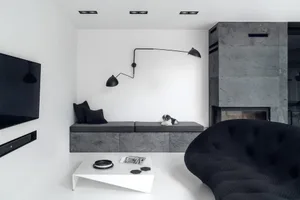 A minimalist living room featuring modern concrete and marble furnishings, a black and white dog resting on a cushioned bench