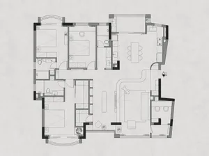 A detailed 2D architectural floor plan of a living space, featuring living room, dining area, kitchen, bedrooms, and bathroom
