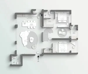 A detailed floor plan of a residential interior design, including rooms, furniture, and layout.