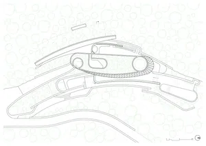 A modern architectural floor plan featuring lines and shapes.