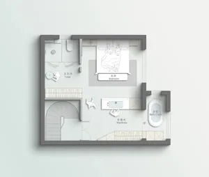 A floor plan of a modern master bedroom with a double bed, wardrobe, bathtub, toilet, and sink.