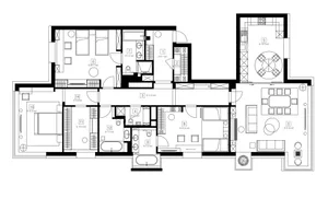 A detailed 2D architectural drawing of a modern residential floor plan showing the layout of rooms and spaces.