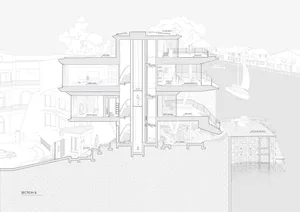 Cross-section diagram of a modern residential building featuring glass walls and a balcony.