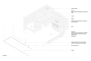 Axonometric drawing of a minimalist apartment layout showcasing modular furniture and efficient space utilization.