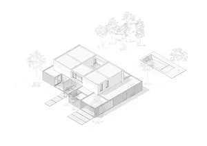Modern minimalist home featuring concrete and glass materials, showcasing unique floor plan.