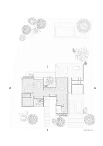 Filtered grayscale floor plan layout of a modern residential home with a garden and swimming pool.