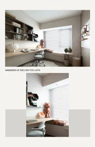 A modern home office featuring a wooden desk with shelves, a chair, and a view of the window with blinds.