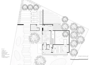 現代住宅的2D建築平面圖，採用磚牆與玻璃材質。
