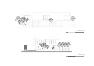 Modern house exterior with brick walls and large windows, showing south-west and south elevation views.