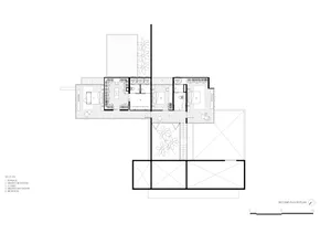 Second floor architectural plan of a modern residential house featuring concrete and glass elements.