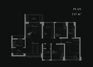 Floor plan of a modern minimalist apartment showing living room, dining room, kitchen, foyer, study, children's room, bedroom