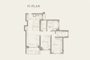 Detailed 2D architectural blueprint of a 95 square meter residential space with living room, dining room, kitchen, bathroom, 