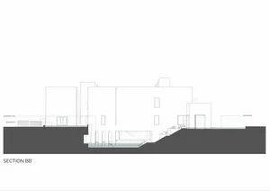 A detailed architectural drawing of a modern residential house with sliced concrete elements.