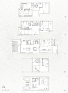 Modern residential floor plan showing living spaces, bedrooms, bathrooms, and kitchen layouts