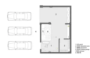 A modern floor plan with a porch, relaxation area, storeroom, parking garage, staircase, and elevator.