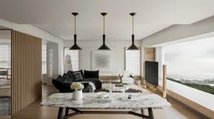 Modern living room with minimalist design featuring black pendant lights, a black sofa, a marble coffee table, and a large wi