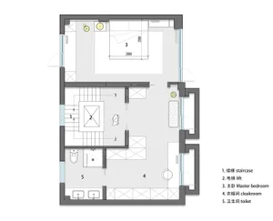現代住宅空間平面圖，包含樓梯、電梯、主臥室、衣帽間與衛浴。