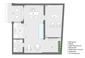 Floor plan of a modern residential building with a staircase, elevator, relaxation area, tearoom, audio-visual room, room, an