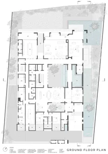 Modern residential floor plan showing indoor and outdoor spaces with furniture arrangements and room labels.