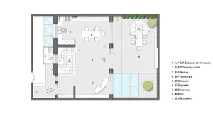 Floor plan of a modern townhouse featuring tile, glass, and metal materials.