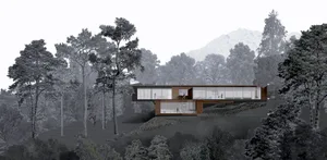 現代簡約木框玻璃外觀住宅，周圍環繞樹木與山景。