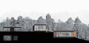 A modern house featuring glass-clad exterior walls, with a carport and bedrooms visible.