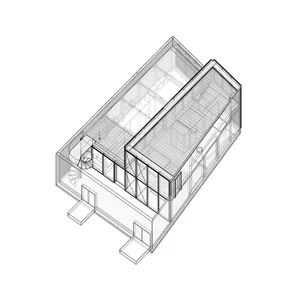 Modern minimalist architectural floor plan diagram with metal structural elements.