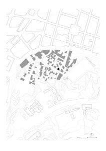 黑白都市基地計畫圖，顯示建築物與街道配置