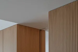 Modern architecture interior with wooden panels and minimalist design.