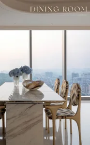 A modern dining room with marble table and chairs, featuring a large window with a city view.
