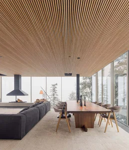 Modern living and dining room with wooden ceiling, glass walls, and carpet floor.