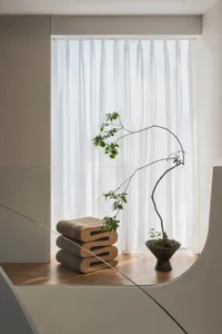 A minimalist home decor setup featuring wooden and glass elements, including a stack of curved wooden stools and a plant arra