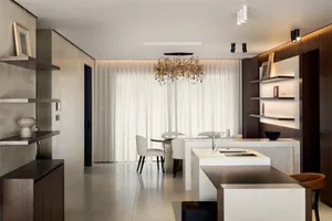 A modern kitchen featuring concrete elements.
