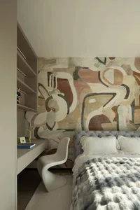 Modern bedroom featuring a textured headboard with a colorful, abstract pattern.