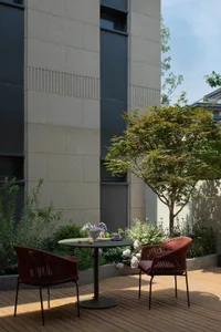 Modern outdoor space featuring a serene tropical deck with plants, wood, and concrete materials.