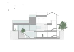 Cross-section illustration of a modern building with glass walls and concrete structural elements.