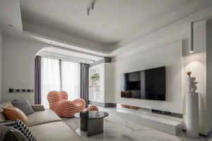 Modern living room featuring a white marble floor and minimalist design.