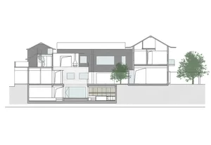 A modern house's cross-section showing wooden elements, glass walls, and concrete floor.